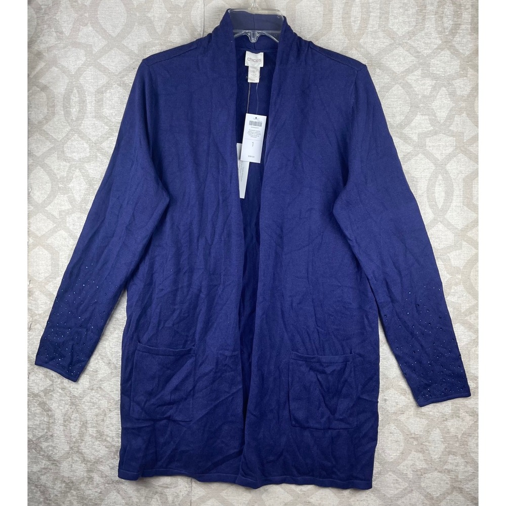 Chico's Danielle Cardigan Women 1 Purple NWT Diamonte Sleeve Cotton Knit Sweater